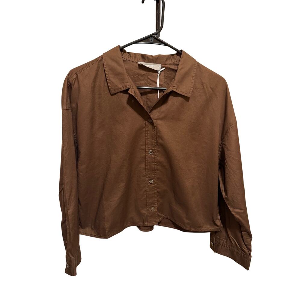Everlane Brown Long Sleeve Button Down Cropped Cotton PJ Top Blouse Sz XS - Picture 4 of 12